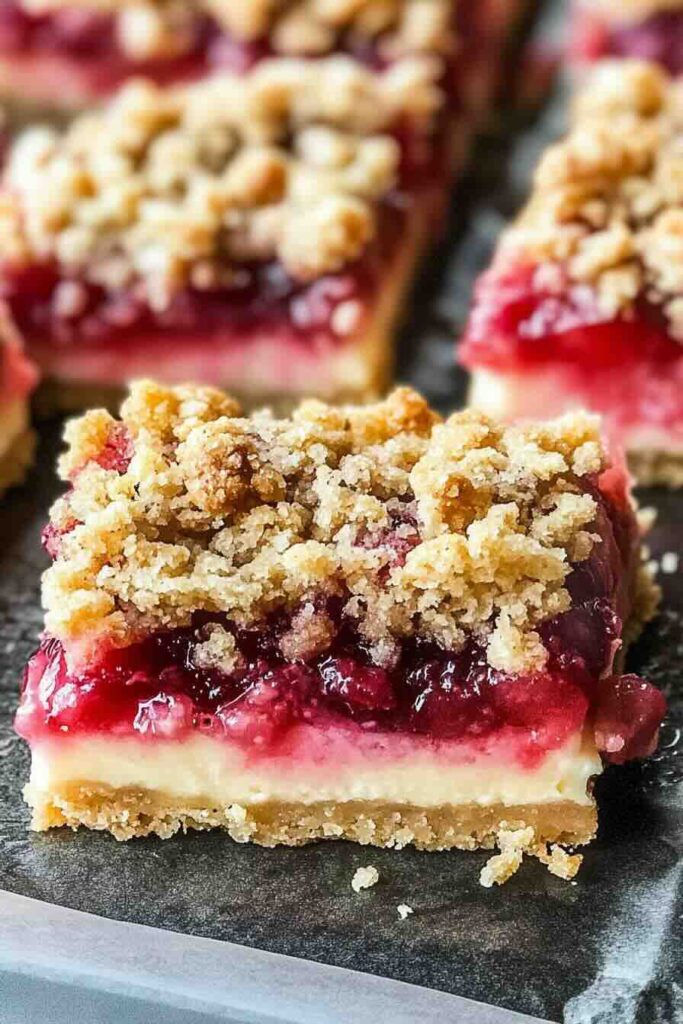 Rhubarb Strawberry Streusel Cheesecake Bars
