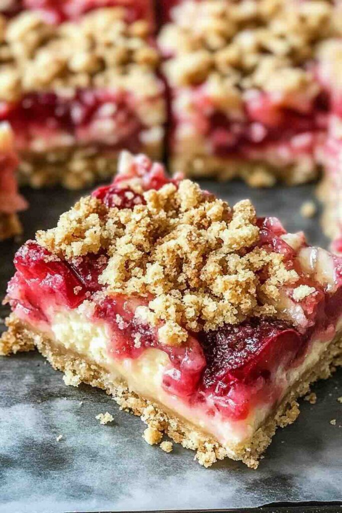 Rhubarb Strawberry Streusel Cheesecake Bars