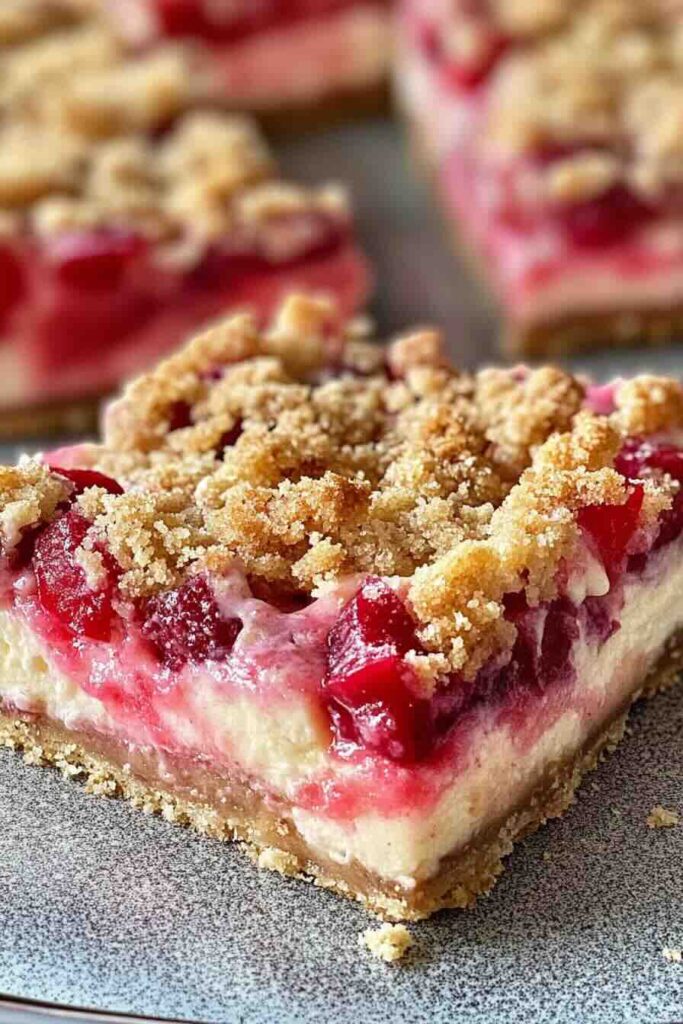 Rhubarb Strawberry Streusel Cheesecake Bars