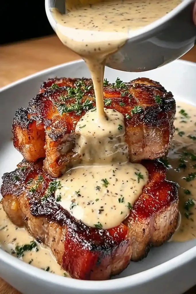 Savory Maple Bacon Pork Chops with Dijon Mustard Cream Sauce