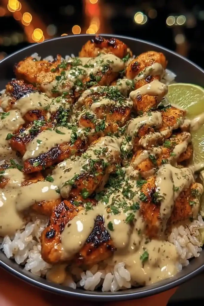 Honey Sriracha Chicken Rice Bowls with Creamy Lime Sauce