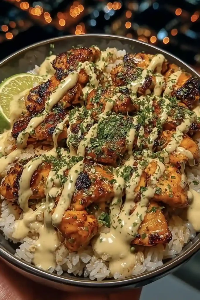 Honey Sriracha Chicken Rice Bowls with Creamy Lime Sauce