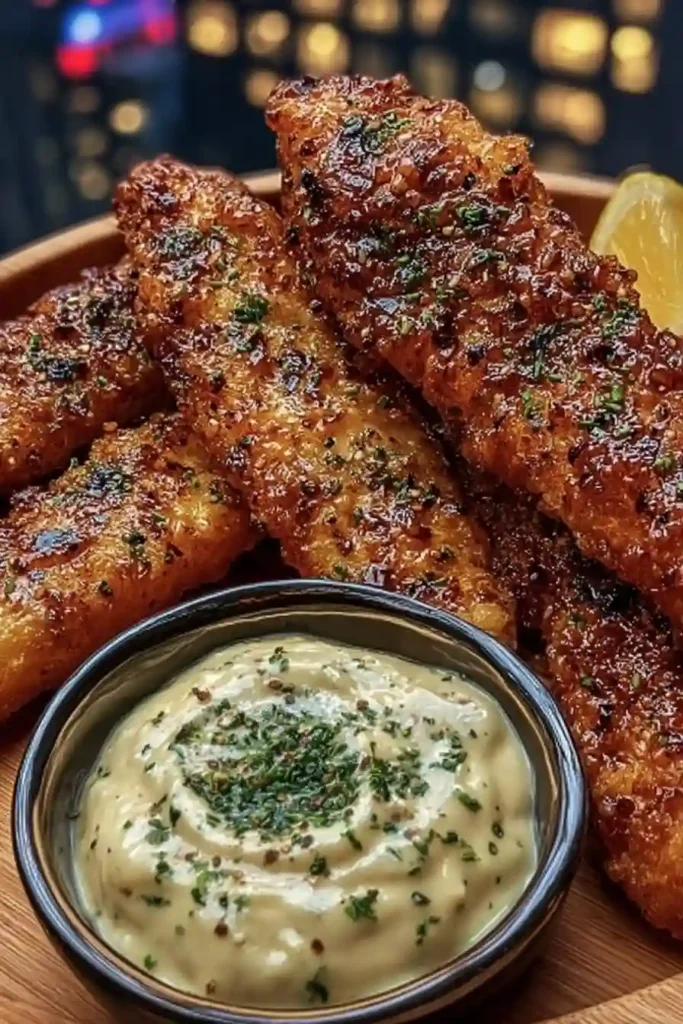 Honey Garlic Chicken Strips with Lemon-Herb Dip