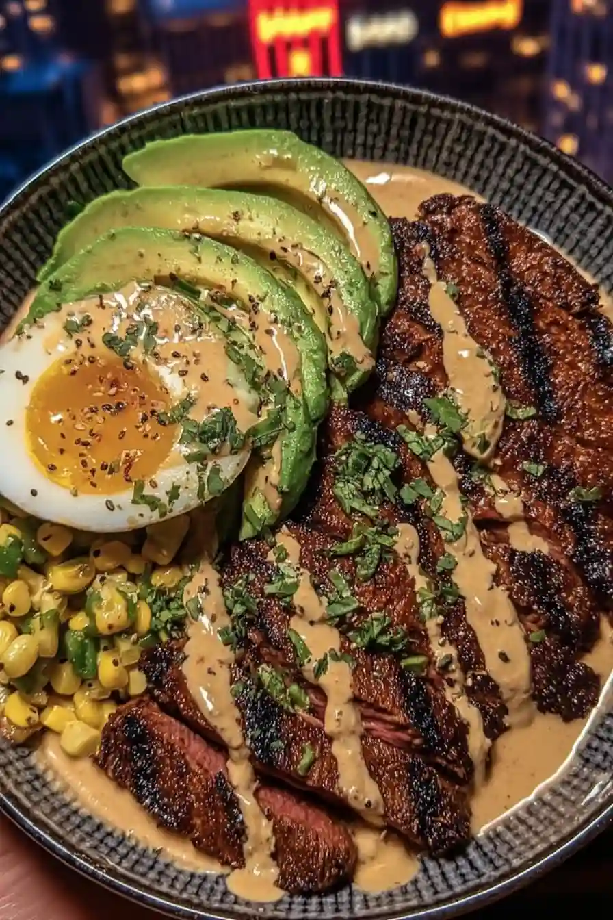 Grilled Steak Bowl with Avocado, Egg, Corn Salsa & Creamy Garlic Sauce