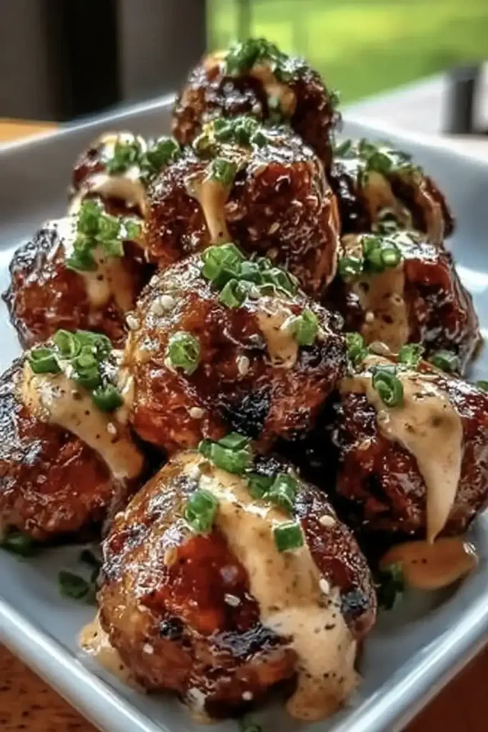 Juicy Korean-Style BBQ Meatballs with Spicy Mayo Sauce