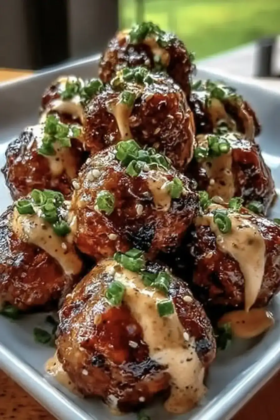 Juicy Korean-Style BBQ Meatballs with Spicy Mayo Sauce