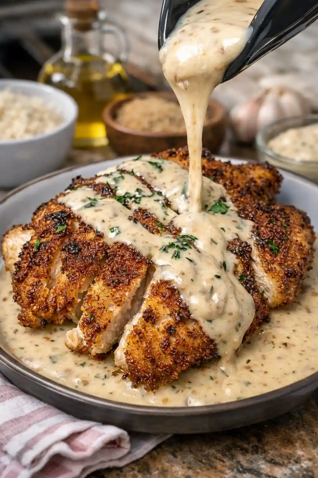 Parmesan Crusted Chicken with Creamy Garlic Sauce